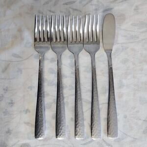 5 Pcs Bobby Flay Martilla Stainless 4 Salad Forks 1 Master Butter Knife Hammered